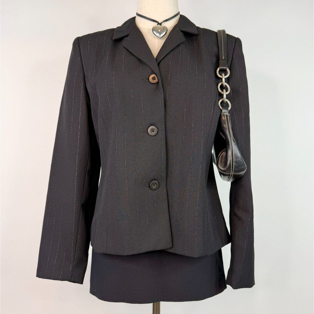 90s Black Pinstripe Button Up Blazer Preppy Academic Office Siren Whimsygoth 10P